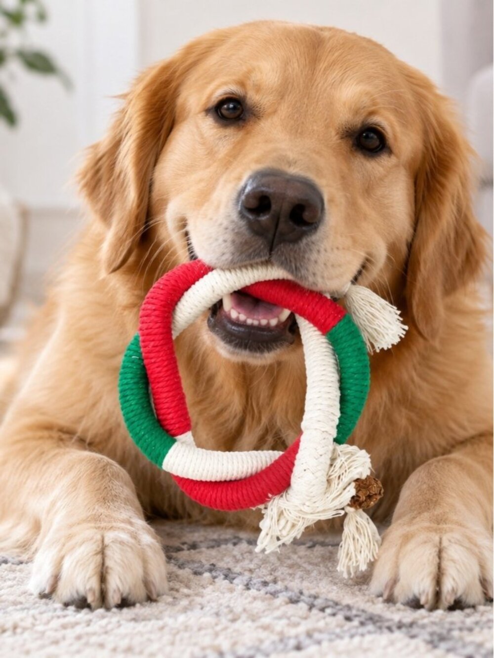 Red Green White Rope Dog Toy | Durable Tug & Chew Toy | Braided Cotton Rope Ring